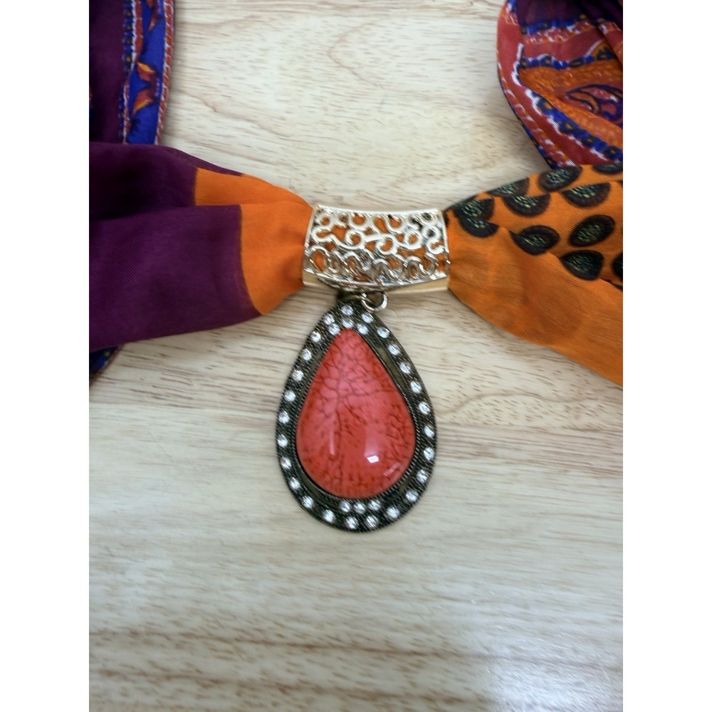 Women's Boho Scarf Necklace Orange Purple Jeweled Pendant Tassel Statement #64 - Picture 2 of 8